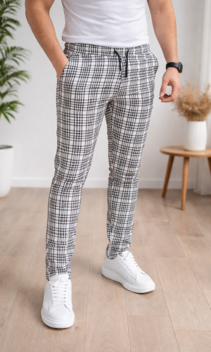 Men's Plaid Slim Fit Drawstring Trousers 2004 - white