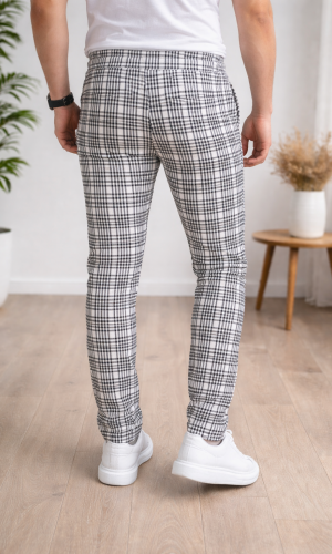 Men's Plaid Slim Fit Drawstring Trousers 2004 - white