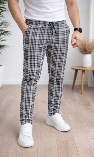 Herren Karierte Hose Slim Fit mit Kordelzug 2004 - Grau