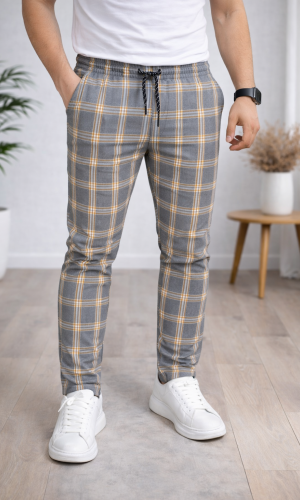 Herren Karierte Hose Slim Fit mit Kordelzug 2009 - Cognac