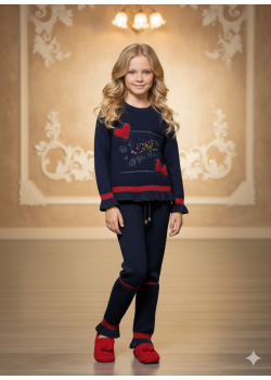 طقم بناتي شتوي تريكو LOVE مزين بالترتر 3107 - كحلي