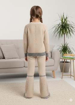 طقم بناتي شتوي تريكو مطرز باللؤلؤ 3108 - بيج