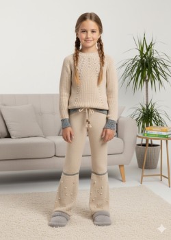 طقم بناتي شتوي تريكو مطرز باللؤلؤ 3108 - بيج