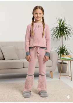 طقم بناتي شتوي تريكو مطرز باللؤلؤ 3108 - زهر