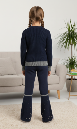 طقم بناتي شتوي تريكو مطرز باللؤلؤ 3108 - كحلي