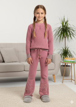 Girls Winter Knit Set with Pearl Embellishment 3108 - fuchsia