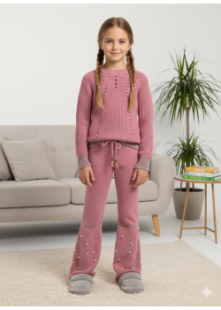 طقم بناتي شتوي تريكو مطرز باللؤلؤ 3108 - فوشي
