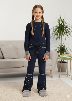 Girls Winter Knit Set with Pearl Embellishment 3108 - deep blue