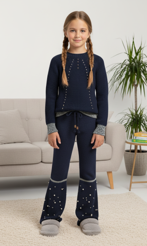 طقم بناتي شتوي تريكو مطرز باللؤلؤ 3108 - كحلي