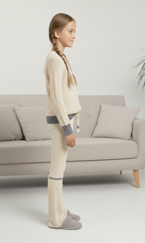 طقم بناتي شتوي تريكو مطرز باللؤلؤ 3108 - سكري