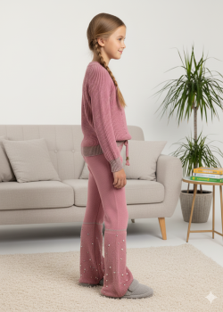 Girls Winter Knit Set with Pearl Embellishment 3108 - fuchsia