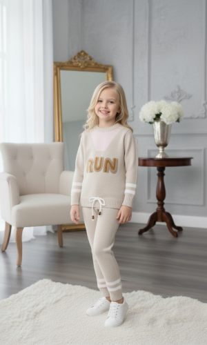 طقم بناتي شتوي RUN تريكو 3109 - بيج