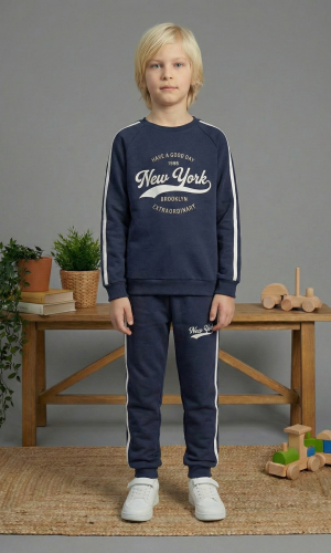 بيجاما ولادي محير شتوي قطن 3 خيط مصوف 3110  - كحلي