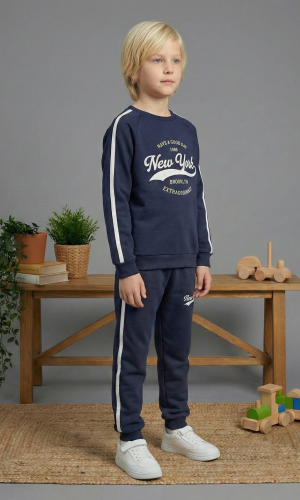 بيجاما ولادي محير شتوي قطن 3 خيط مصوف 3110  - كحلي