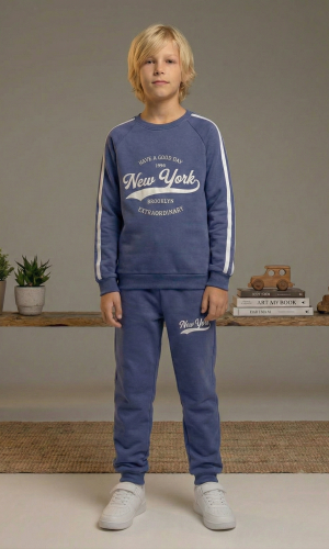 بيجاما ولادي محير شتوي قطن 3 خيط مصوف 3110  - ازرق