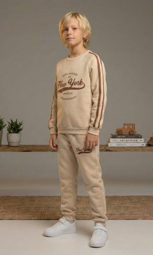 Jungen Winter-Pyjama (Jogginganzug) aus Baumwolle (3-Faden) Slim Fit 3110  - Beige