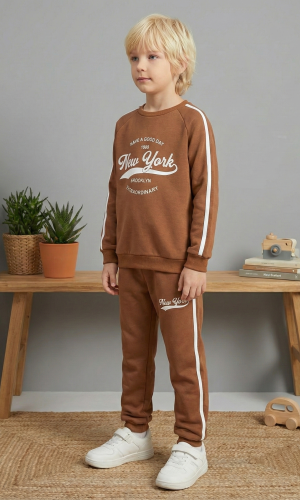 بيجاما ولادي محير شتوي قطن 3 خيط مصوف 3110  - بني