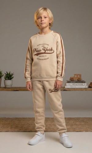 Jungen Winter-Pyjama (Jogginganzug) aus Baumwolle (3-Faden) Slim Fit 3110  - Beige