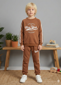 بيجاما ولادي محير شتوي قطن 3 خيط مصوف 3110  - بني