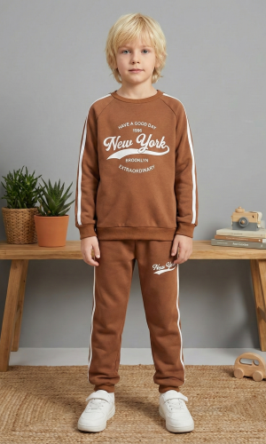 بيجاما ولادي محير شتوي قطن 3 خيط مصوف 3110  - بني