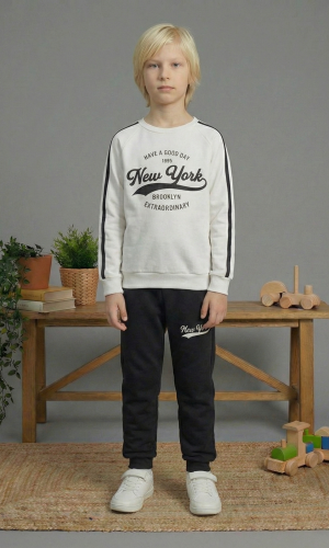 بيجاما ولادي محير شتوي قطن 3 خيط مصوف 3110  - ابيض