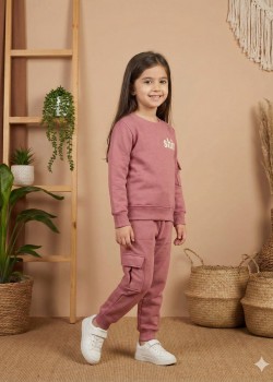 بيجاما بناتي شتوي قطن 3 خيط مع جيوب جانبية 3111 - فوشي