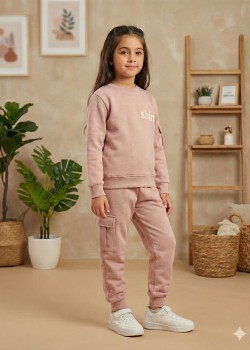 بيجاما بناتي شتوي قطن 3 خيط مع جيوب جانبية 3111 - بودرة