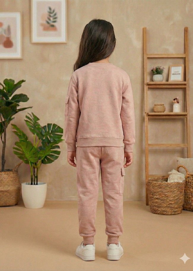 بيجاما بناتي شتوي قطن 3 خيط مع جيوب جانبية 3111 - بودرة