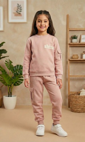 Mädchen Winter-Pyjama aus Baumwolle (3-Faden) Slim Fit 3111 - Puder