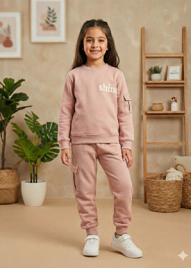 بيجاما بناتي شتوي قطن 3 خيط مع جيوب جانبية 3111 - بودرة