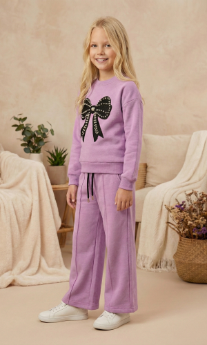 طقم بيجاما بناتي شتوي قطن 3 خيط بتصميم فيونكة 3112  - نهدي