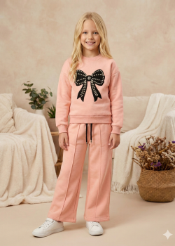 طقم بيجاما بناتي شتوي قطن 3 خيط بتصميم فيونكة 3112  - بودرة
