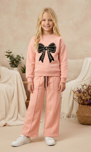 طقم بيجاما بناتي شتوي قطن 3 خيط بتصميم فيونكة 3112  - بودرة