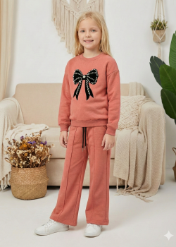 Mädchen Winter-Set aus Baumwolle (3-Faden) mit Schleifen-Applikation 3112  - Fuchsia