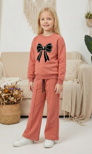 طقم بيجاما بناتي شتوي قطن 3 خيط بتصميم فيونكة 3112  - فوشي