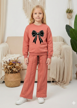 Mädchen Winter-Set aus Baumwolle (3-Faden) mit Schleifen-Applikation 3112  - Fuchsia