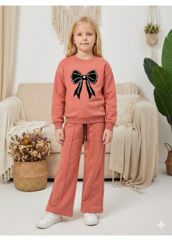 طقم بيجاما بناتي شتوي قطن 3 خيط بتصميم فيونكة 3112  - فوشي