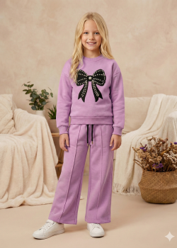 طقم بيجاما بناتي شتوي قطن 3 خيط بتصميم فيونكة 3112  - نهدي