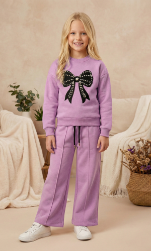 طقم بيجاما بناتي شتوي قطن 3 خيط بتصميم فيونكة 3112  - نهدي