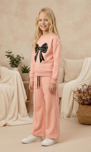 طقم بيجاما بناتي شتوي قطن 3 خيط بتصميم فيونكة 3112  - بودرة