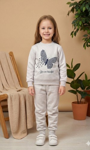 طقم بجامة بناتي شتوي ثقيل فراشة 3113 - فضي