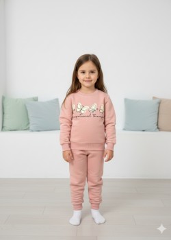 طقم بجامة بناتي شتوي ثقيل فراشات 3114  - زهر