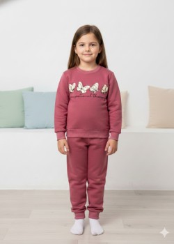 طقم بجامة بناتي شتوي ثقيل فراشات 3114  - فوشي