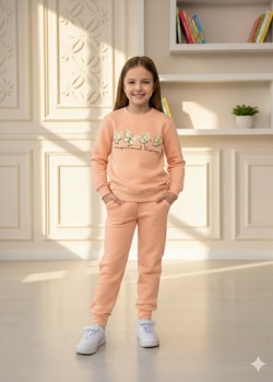 طقم بجامة بناتي شتوي ثقيل فراشات 3114  - بودرة