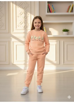 طقم بجامة بناتي شتوي ثقيل فراشات 3114  - بودرة