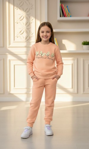 طقم بجامة بناتي شتوي ثقيل فراشات 3114  - بودرة