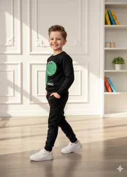 طقم بجامة ولادي شتوي ثقيل ديناصور 3115  - اسود