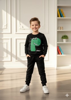 طقم بجامة ولادي شتوي ثقيل ديناصور 3115  - اسود