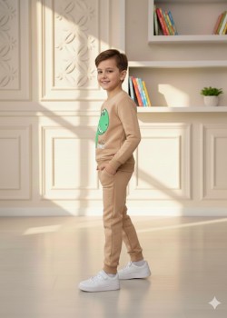 طقم بجامة ولادي شتوي ثقيل ديناصور 3115  - بيج