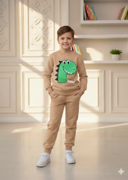 طقم بجامة ولادي شتوي ثقيل ديناصور 3115  - بيج